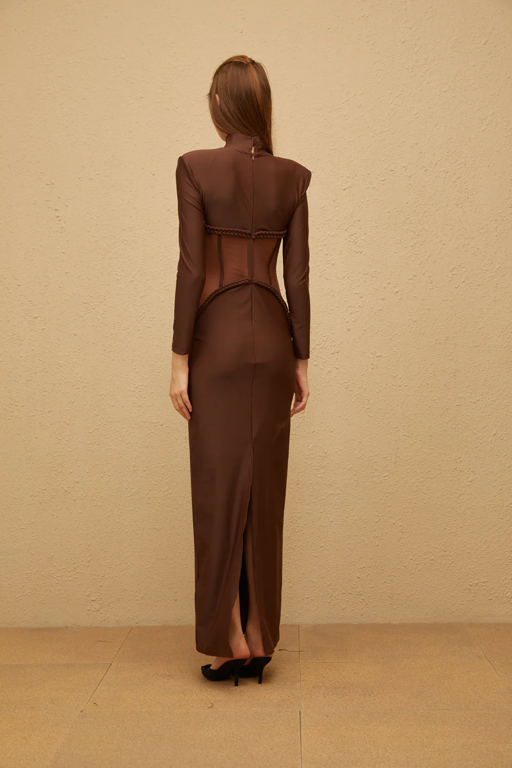 Long Sleeve Structured Mesh Maxi Dress Brown