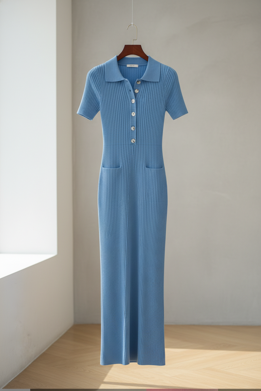 Ribbed Button-Detail Midi Dress