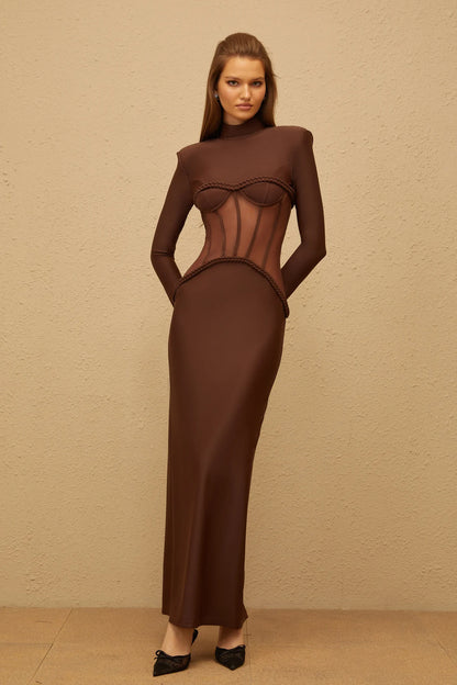 Long Sleeve Structured Mesh Maxi Dress Brown